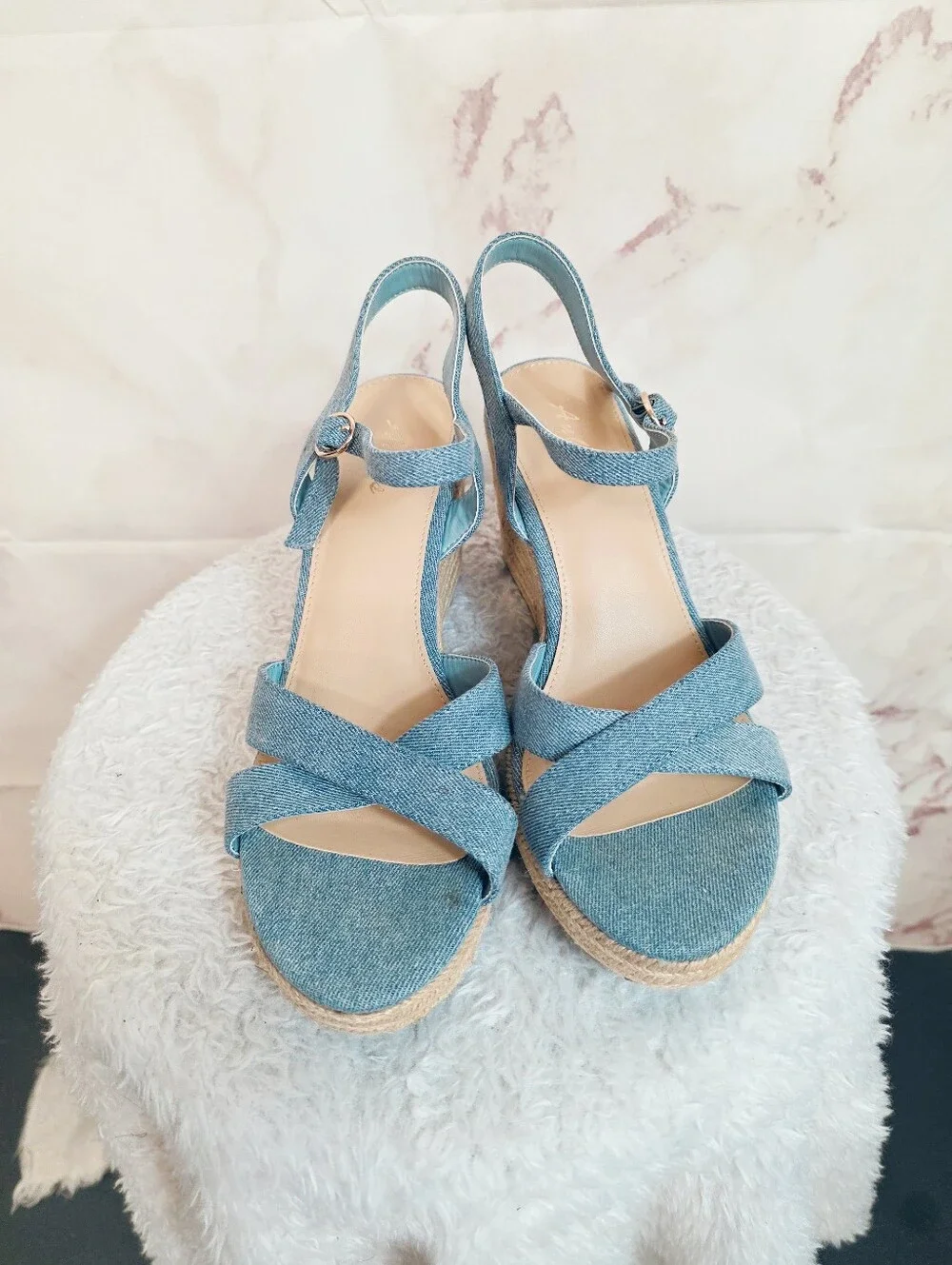 Ankis Blue Denim Espadrille Wedge Sandals Size 9 Ankle Strap Summer